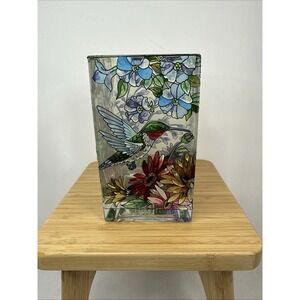 Amia Heavy Glass Hand Painted Hummingbird Themed Glass Candle Holder 6" Vase